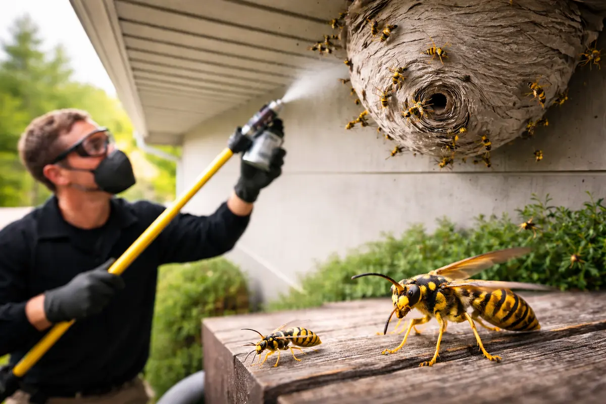 Hornet nest removal expert at work